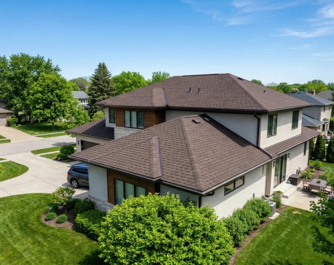 residential house with a new brown asphalt shingle roof photo 1